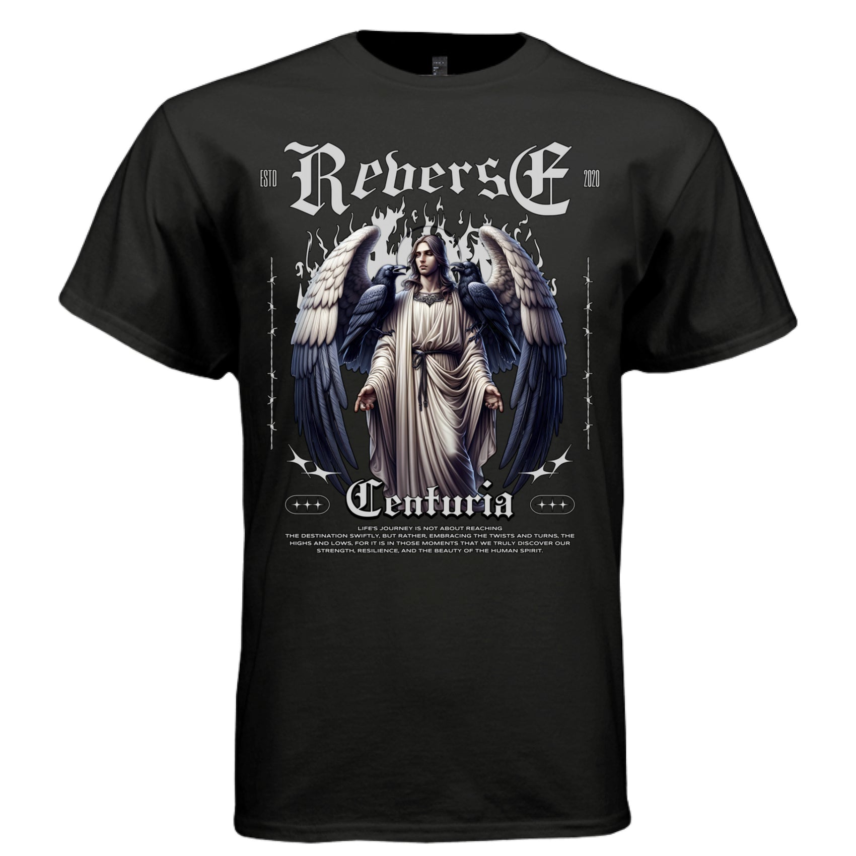 Black Reverse Centuria angel wings graphic t-shirt front — dark aesthetic oversized streetwear tee
