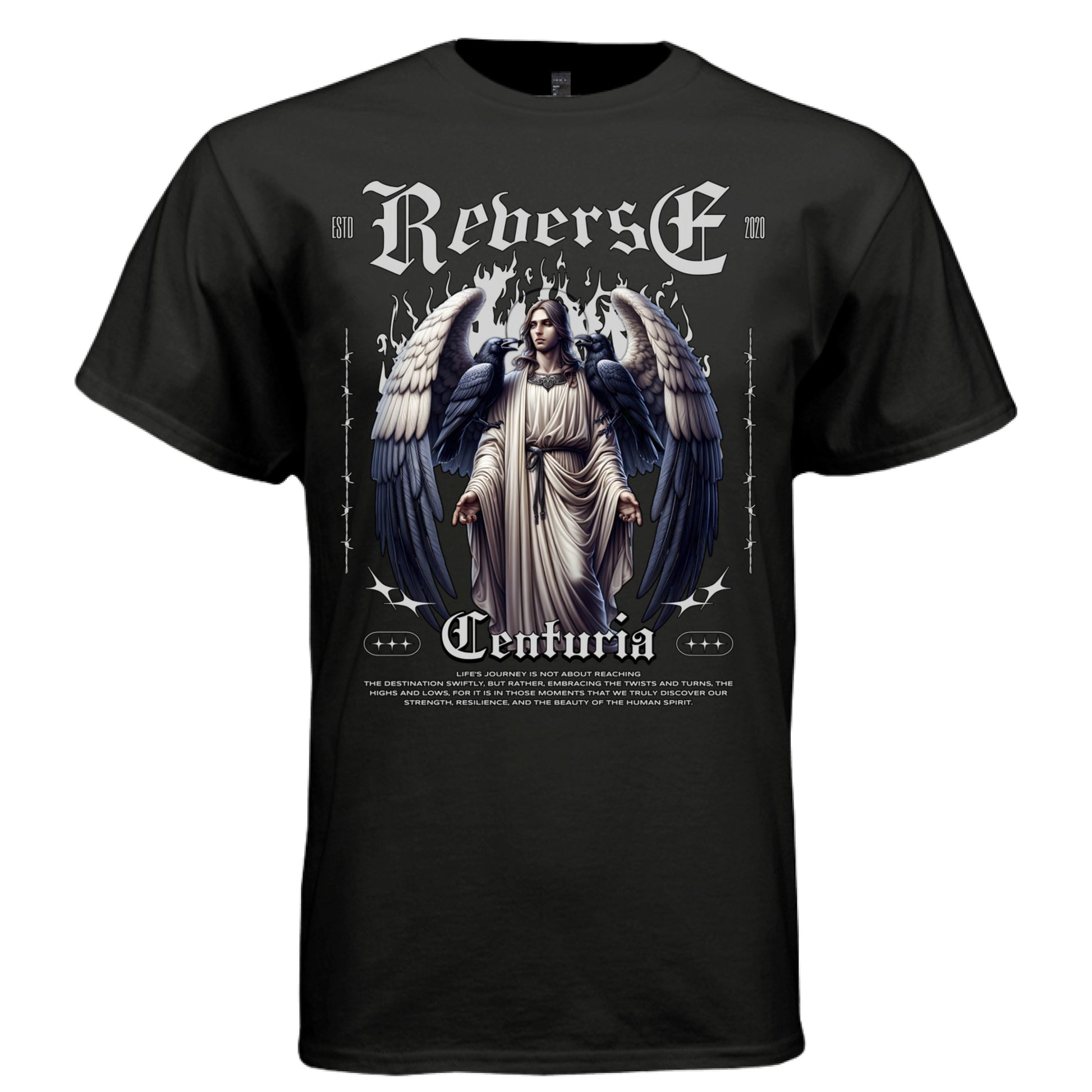 Black Reverse Centuria angel wings graphic t-shirt front — dark aesthetic oversized streetwear tee