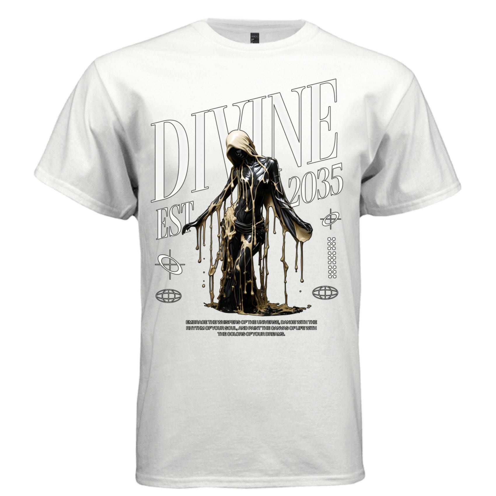 White Divine EST 2035 gold drip graphic oversized t-shirt front view — luxury dark aesthetic streetwear tee