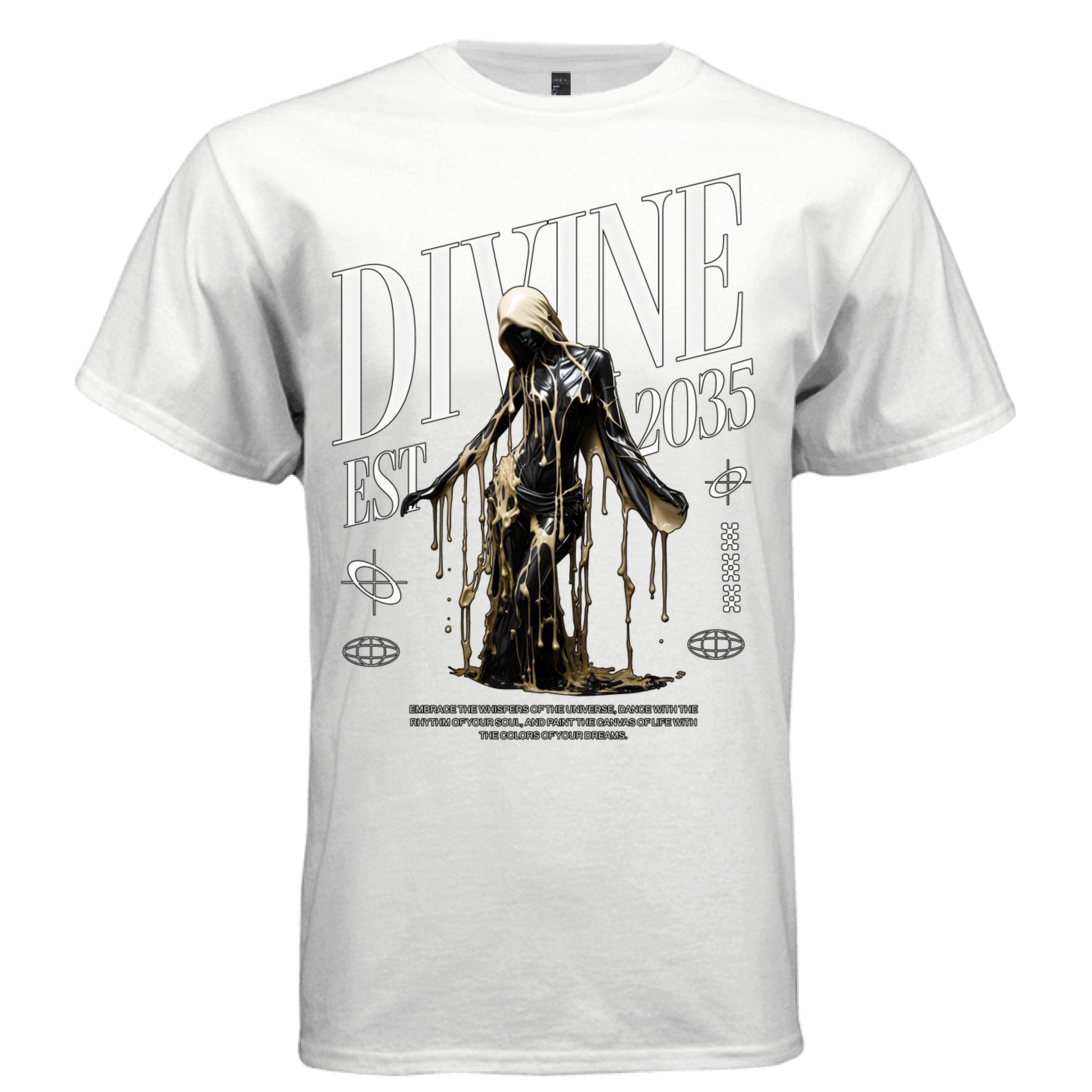 White Divine EST 2035 gold drip graphic oversized t-shirt front view — luxury dark aesthetic streetwear tee