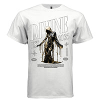 White Divine EST 2035 gold drip graphic oversized t-shirt front view — luxury dark aesthetic streetwear tee