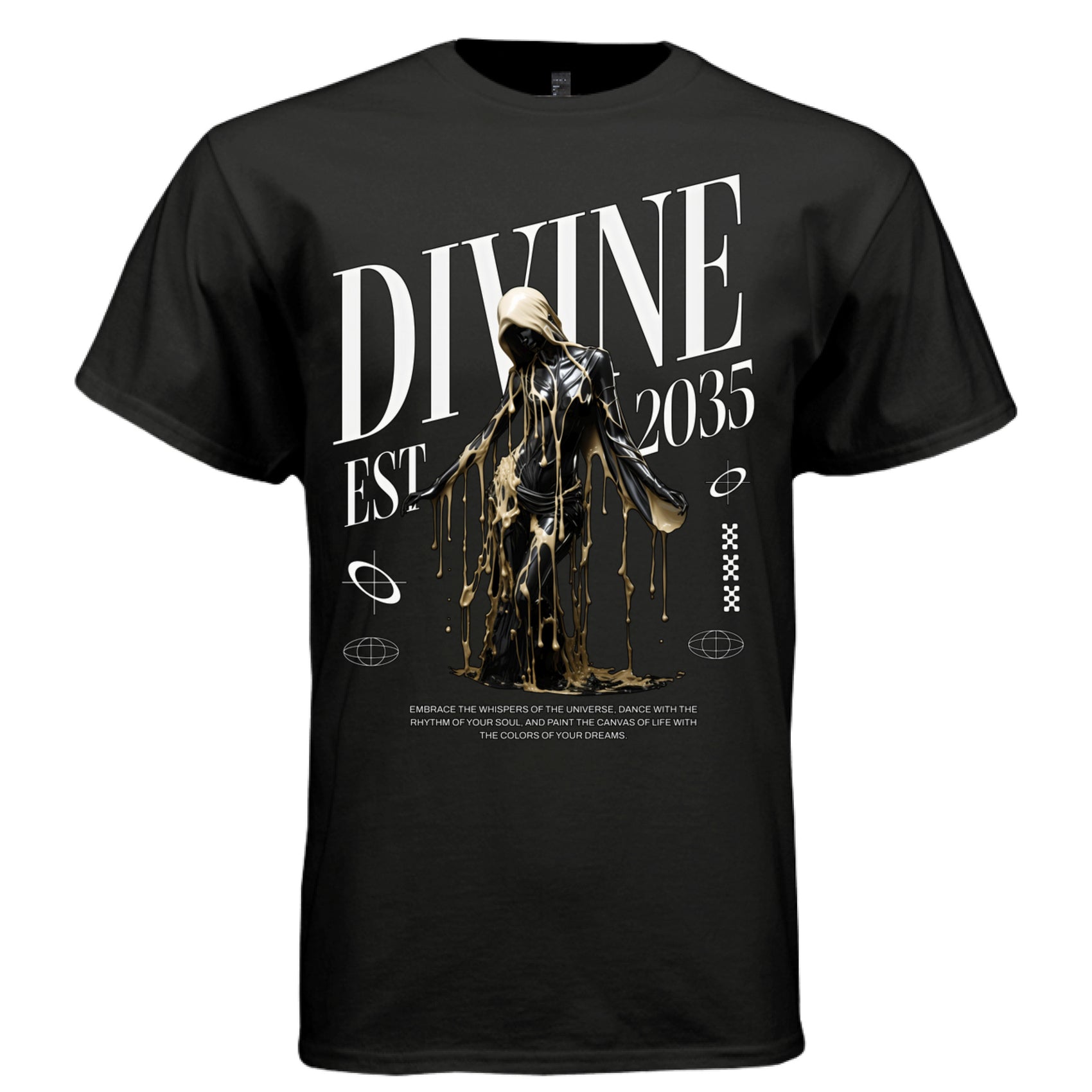 Black Divine EST 2035 gold drip graphic t-shirt front — dark surrealist luxury oversized streetwear tee