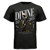 Black Divine EST 2035 gold drip graphic t-shirt front — dark surrealist luxury oversized streetwear tee