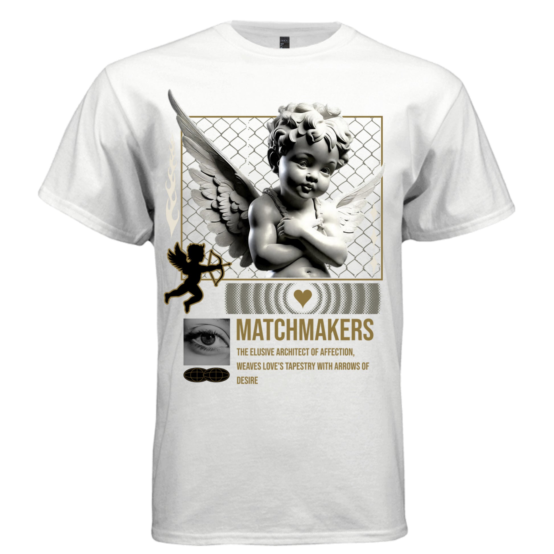 	
White Matchmakers cupid cherub graphic oversized t-shirt front view — vintage angel streetwear tee with gold print