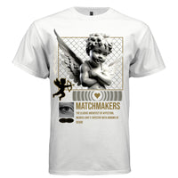 	
White Matchmakers cupid cherub graphic oversized t-shirt front view — vintage angel streetwear tee with gold print