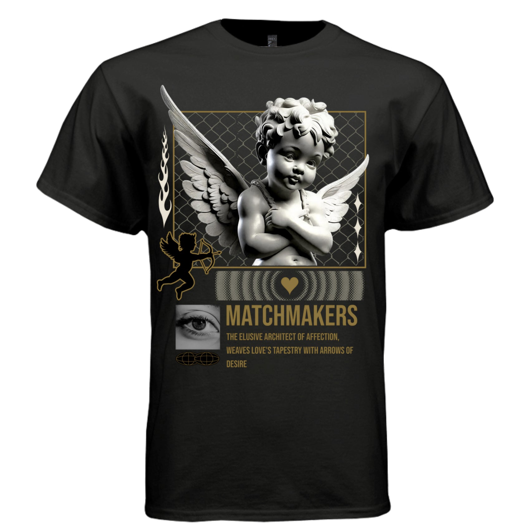 Black Matchmakers cupid cherub oversized graphic t-shirt front — dark romantic streetwear tee with gold cupid detail