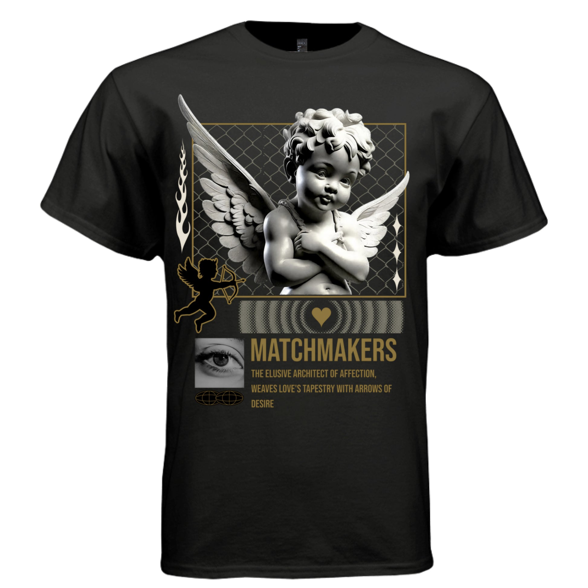 Black Matchmakers cupid cherub oversized graphic t-shirt front — dark romantic streetwear tee with gold cupid detail
