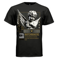 Black Matchmakers cupid cherub oversized graphic t-shirt front — dark romantic streetwear tee with gold cupid detail