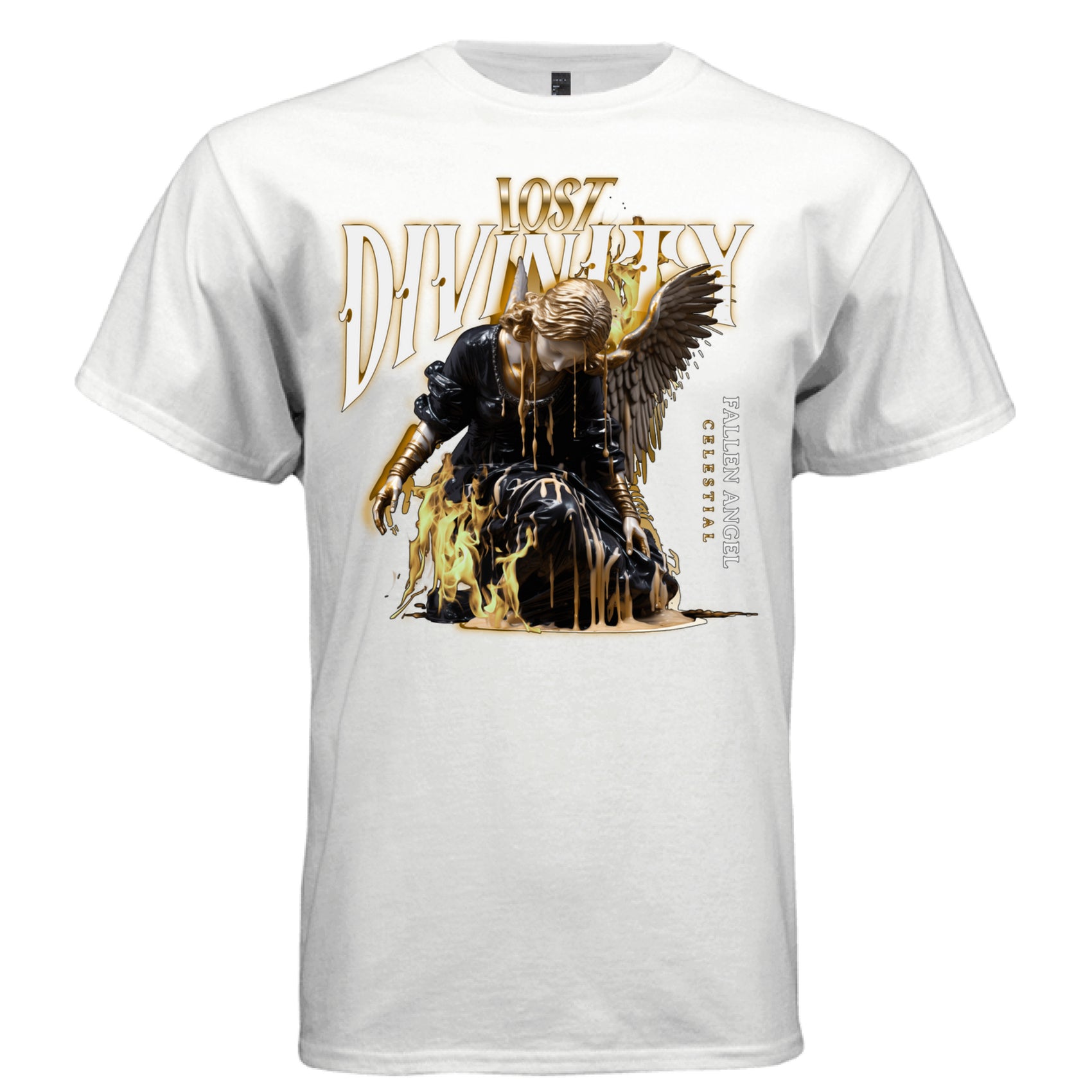 Lost Divinity fallen angel dark celestial graphic tee in white — front view oversized fit