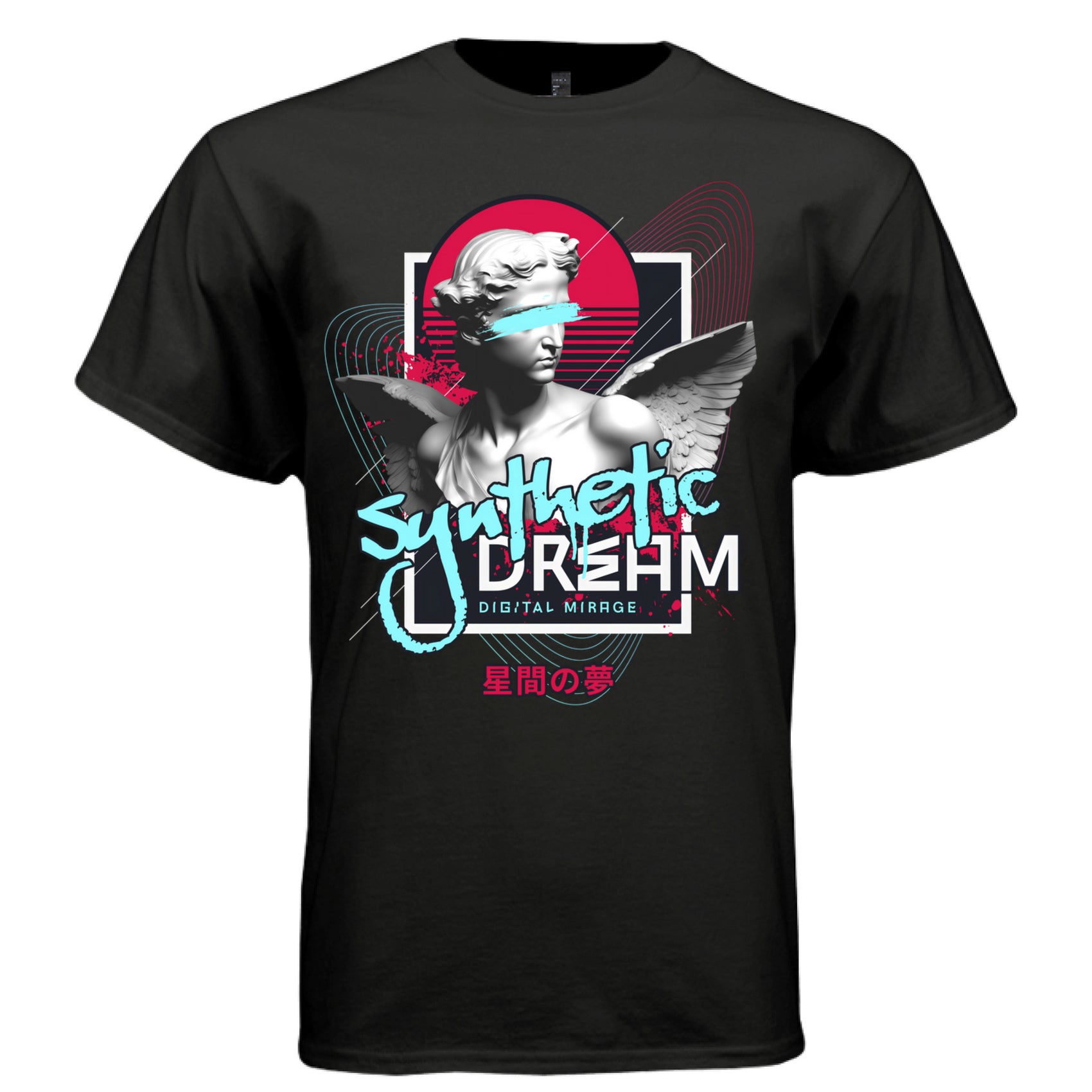 Synthetic Dream retrowave angel oversized graphic t-shirt in black — Digital Mirage front view
