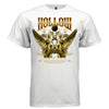 Project Hood HOLLOW angel oversized t-shirt white front — gold angel print with courage quote