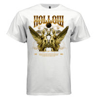Project Hood HOLLOW angel oversized t-shirt white front — gold angel print with courage quote