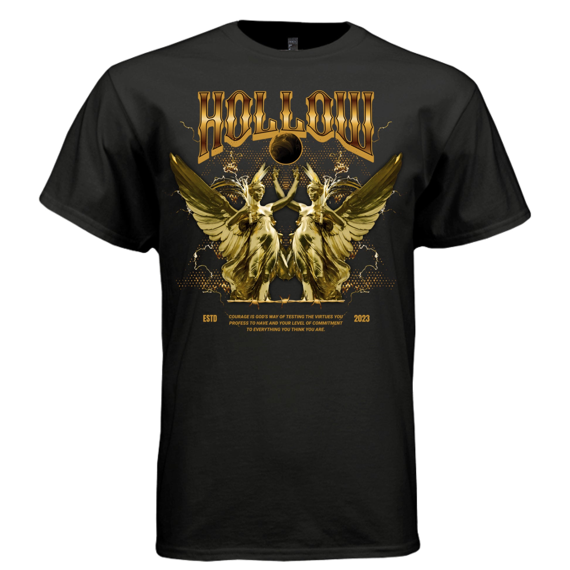 Project Hood HOLLOW angel oversized t-shirt black front — gold celestial angel graphic streetwear