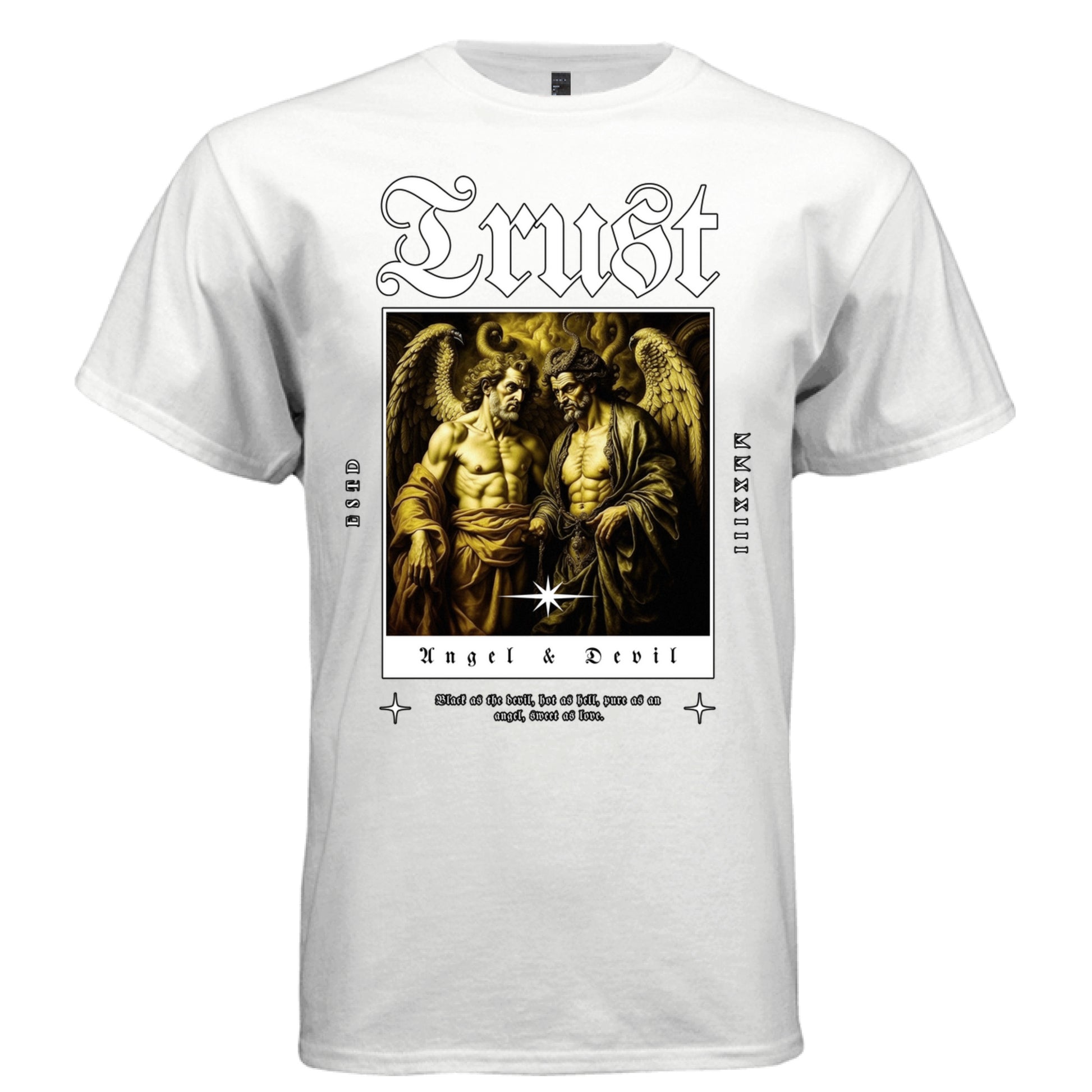 Project Hood TRUST Angel Devil oversized t-shirt white front — dark baroque painting graphic with gothic typography