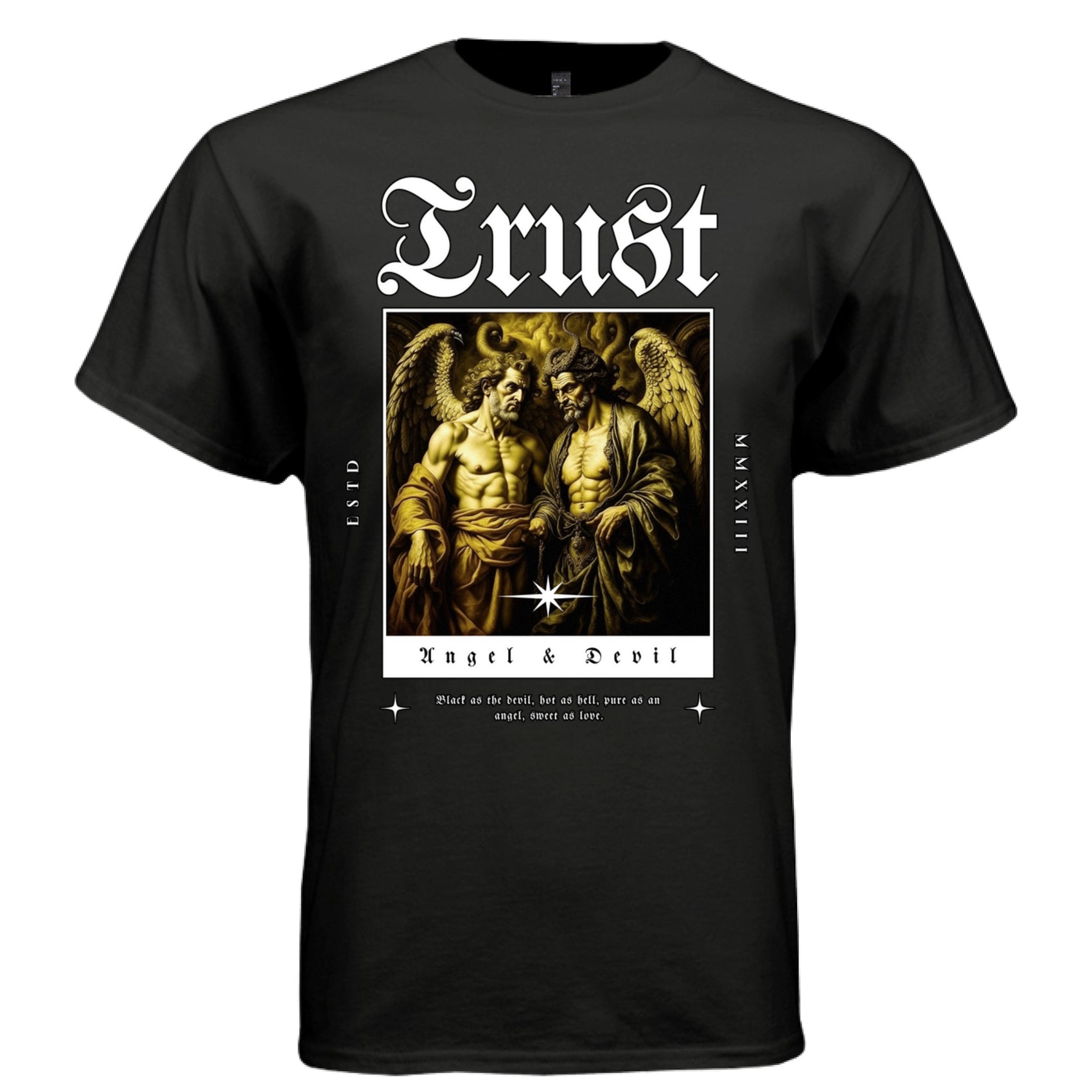 Project Hood TRUST Angel Devil oversized t-shirt black front — gold tone baroque illustration on premium streetwear tee