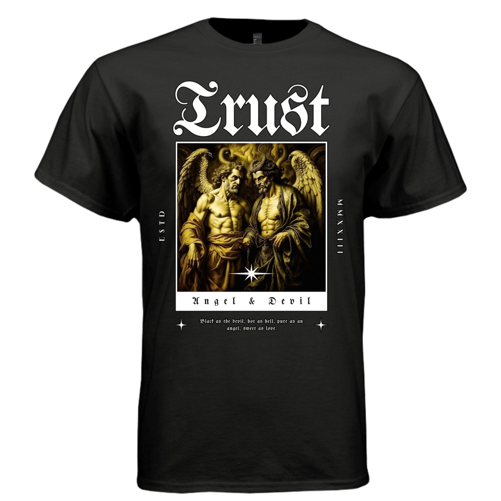 Project Hood TRUST Angel Devil oversized t-shirt black front — gold tone baroque illustration on premium streetwear tee