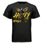 Project Hood HOLY WINGS oversized t-shirt black front — yellow graffiti typography over dark angel wings graphic streetwear