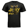 Project Hood HOLY WINGS oversized t-shirt black front — yellow graffiti typography over dark angel wings graphic streetwear