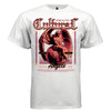 Project Hood CULTURAL Angel oversized t-shirt white front — red coral vintage angel globe illustration with Gothic CULTURAL blackletter print