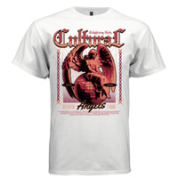 Project Hood CULTURAL Angel oversized t-shirt white front — red coral vintage angel globe illustration with Gothic CULTURAL blackletter print