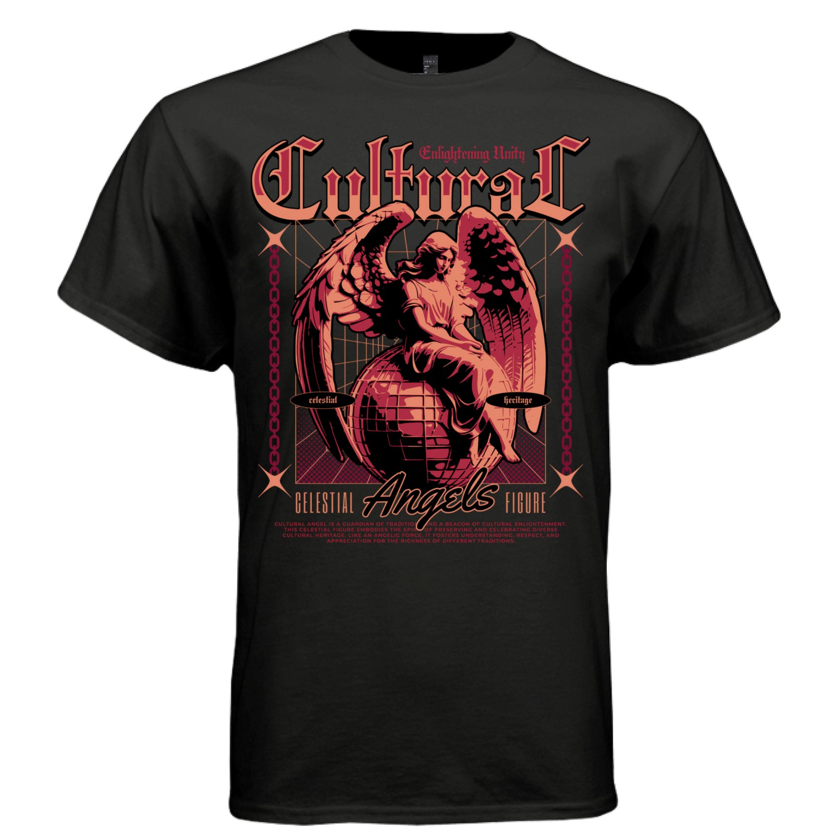 Project Hood CULTURAL Angel oversized t-shirt black front — red coral vintage celestial angel globe graphic on dark streetwear tee