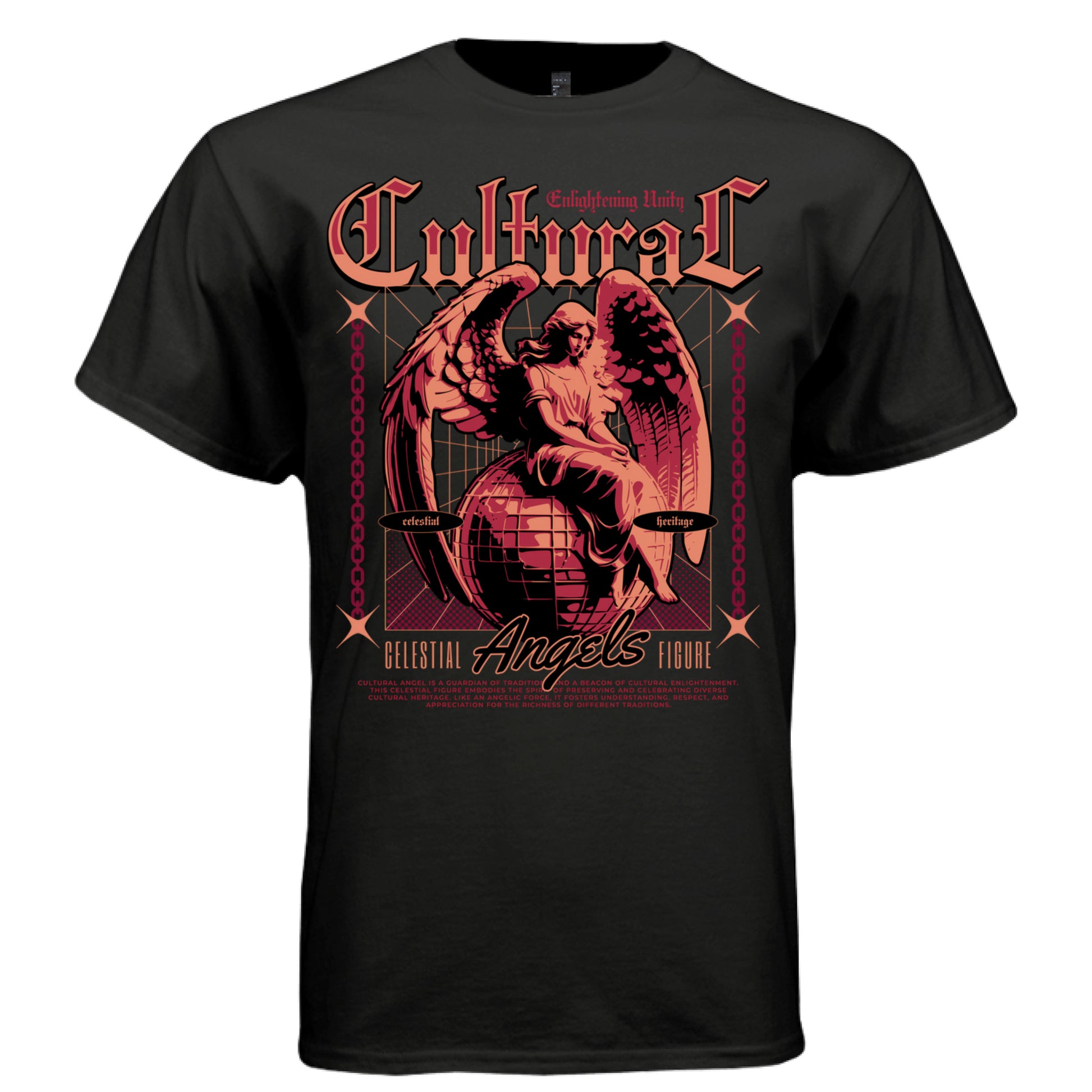 Project Hood CULTURAL Angel oversized t-shirt black front — red coral vintage celestial angel globe graphic on dark streetwear tee