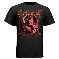 Project Hood CULTURAL Angel oversized t-shirt black front — red coral vintage celestial angel globe graphic on dark streetwear tee