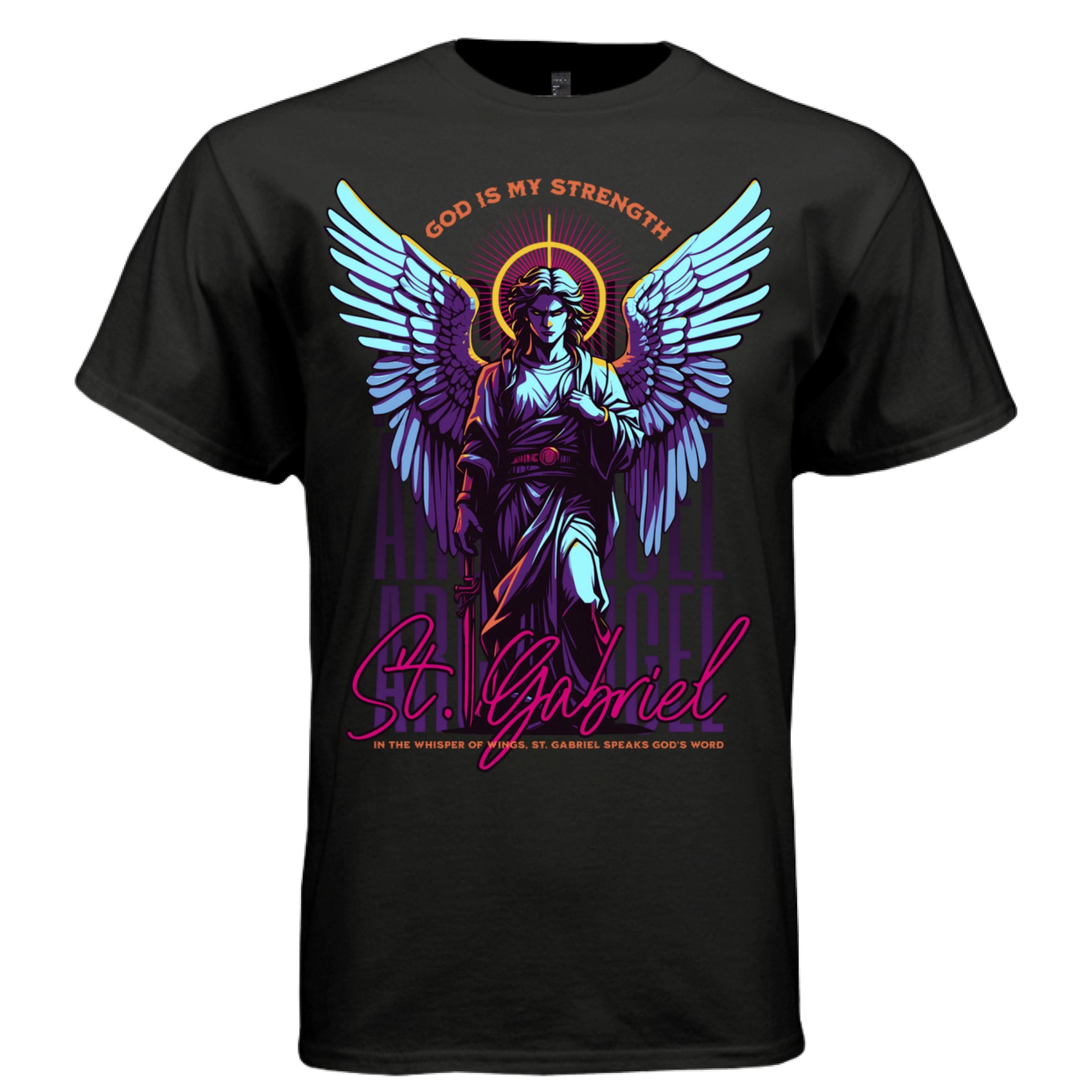 ST. GABRIEL God Is My Strength graphic tee in black — front view — Archangel Gabriel synthwave neon streetwear tee, Project Hood