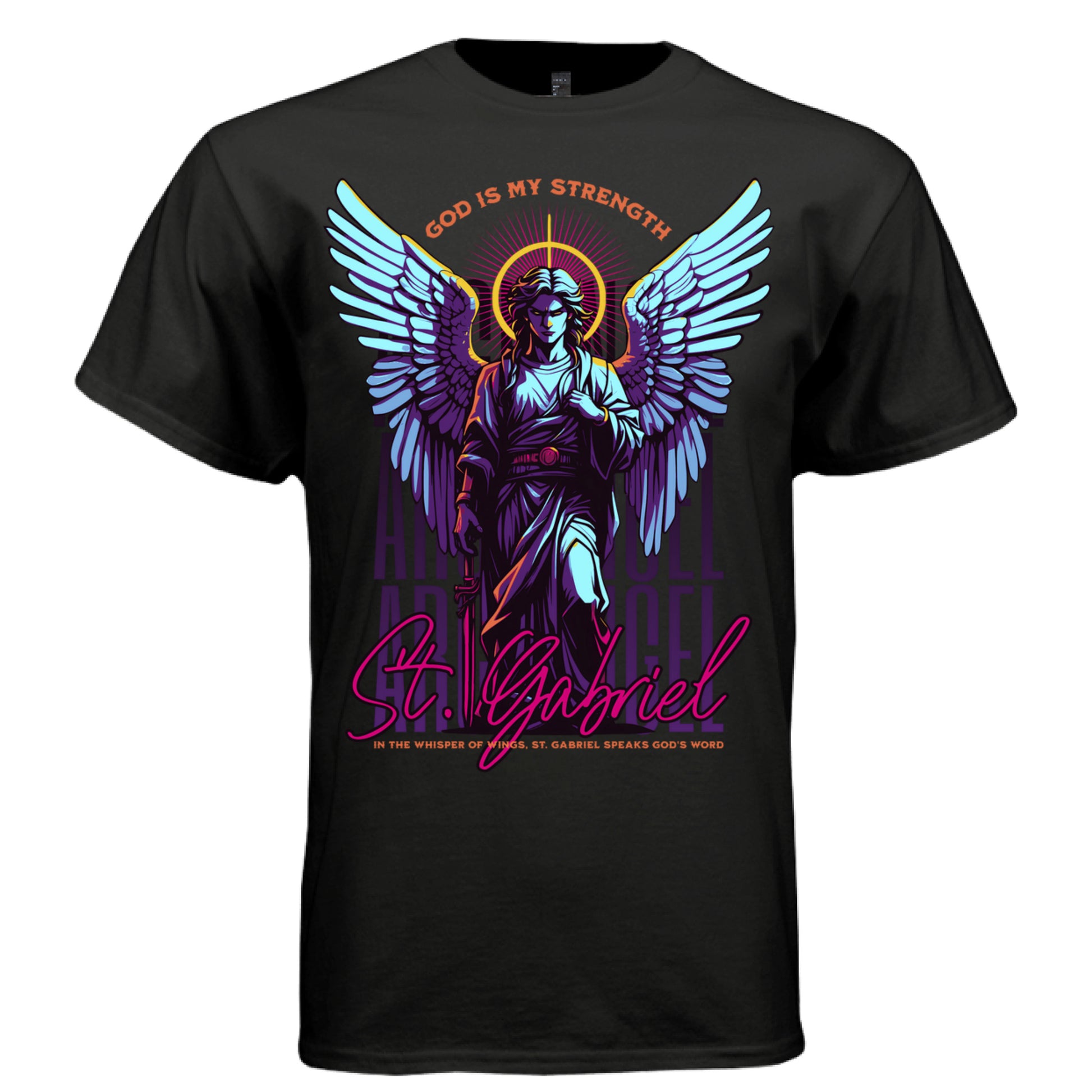 ST. GABRIEL God Is My Strength graphic tee in black — front view — Archangel Gabriel synthwave neon streetwear tee, Project Hood