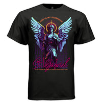 ST. GABRIEL God Is My Strength graphic tee in black — front view — Archangel Gabriel synthwave neon streetwear tee, Project Hood