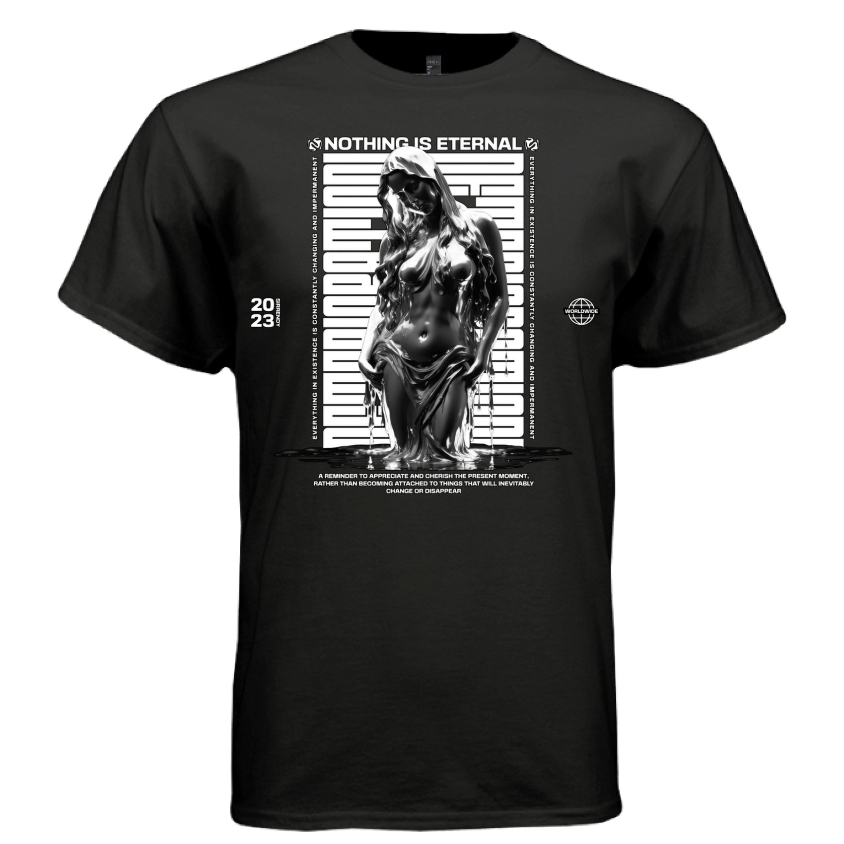 NOTHING IS ETERNAL chrome liquid figure graphic tee in black — front view — stoic impermanence oversized streetwear, monochrome design, Project Hood