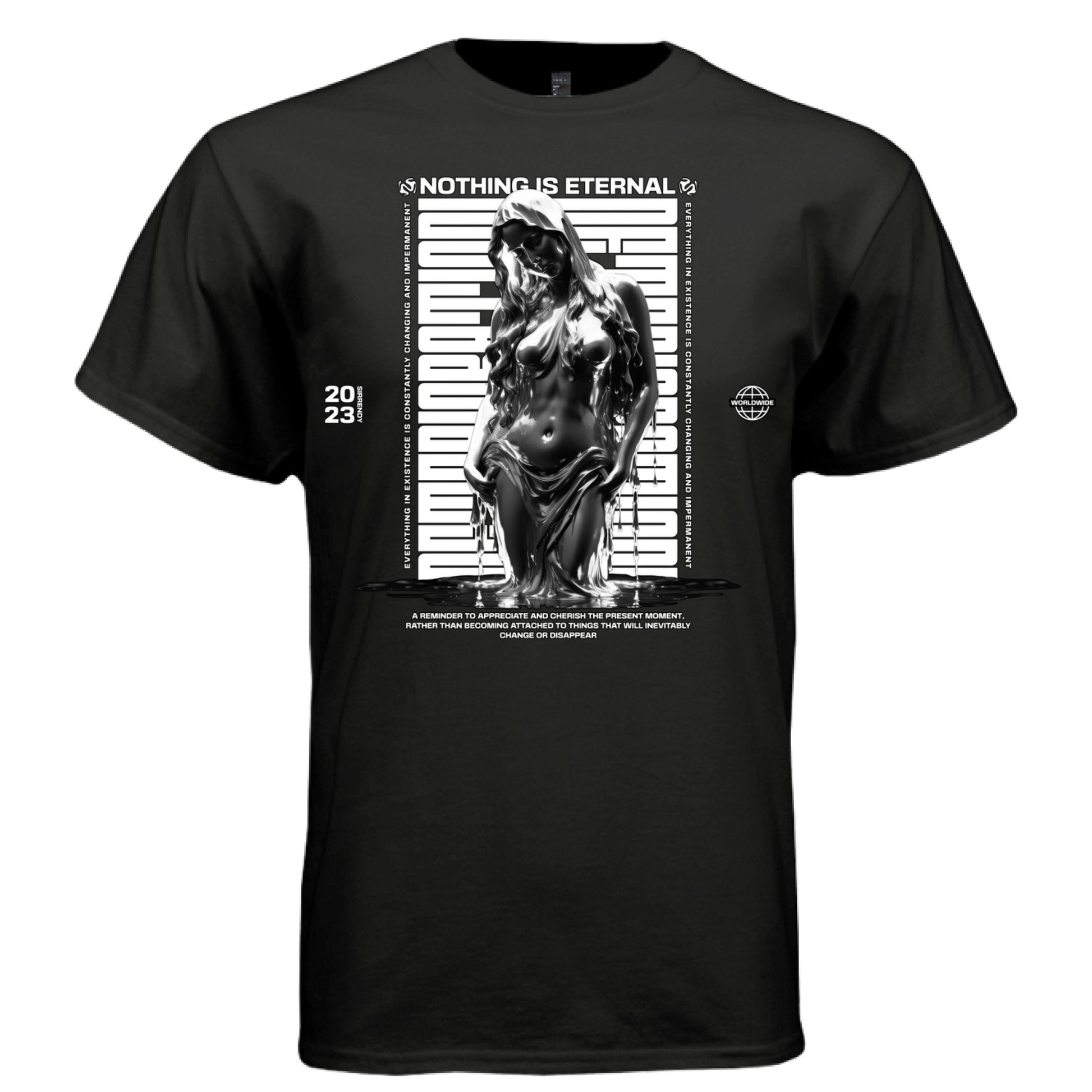 NOTHING IS ETERNAL chrome liquid figure graphic tee in black — front view — stoic impermanence oversized streetwear, monochrome design, Project Hood