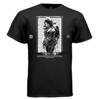 NOTHING IS ETERNAL chrome liquid figure graphic tee in black — front view — stoic impermanence oversized streetwear, monochrome design, Project Hood