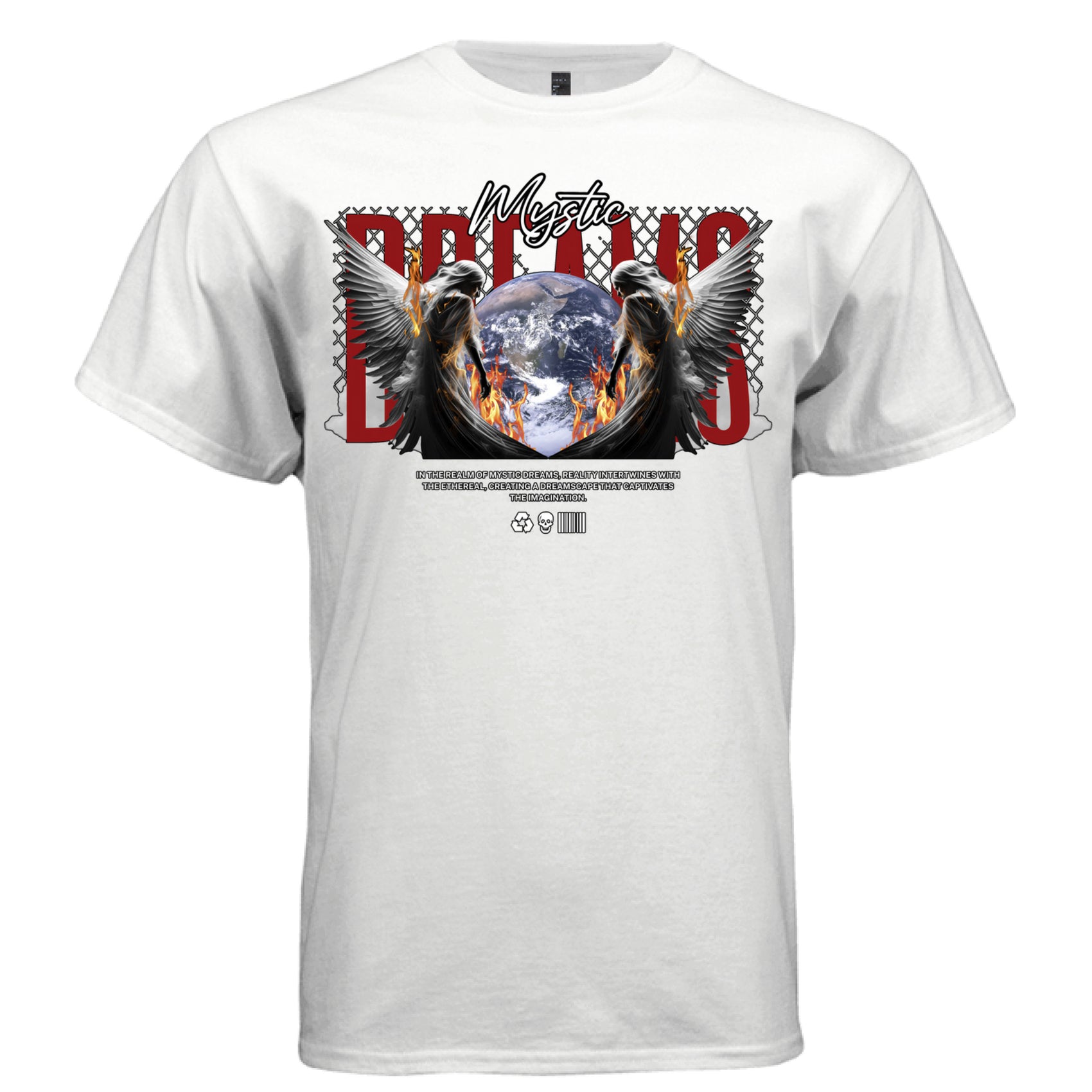 MYSTIC DREAMS dark angel fire wings graphic tee in white — front view — surrealist celestial streetwear, red DREAMS bold text, oversized fit, Project Hood