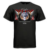 MYSTIC DREAMS dark angel fire wings graphic tee in black — front view — fallen angel celestial streetwear, red and orange flame design, Project Hood