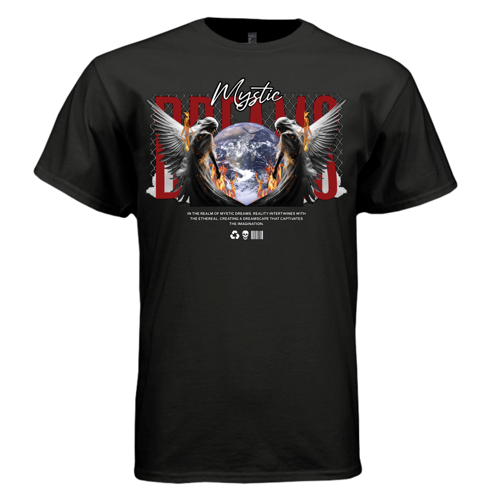 MYSTIC DREAMS dark angel fire wings graphic tee in black — front view — fallen angel celestial streetwear, red and orange flame design, Project Hood