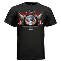 MYSTIC DREAMS dark angel fire wings graphic tee in black — front view — fallen angel celestial streetwear, red and orange flame design, Project Hood
