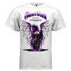 Guardian Angel gothic streetwear tee white front — faceless hooded angel with branch wings and glowing neon purple text on white oversized graphic t-shirt