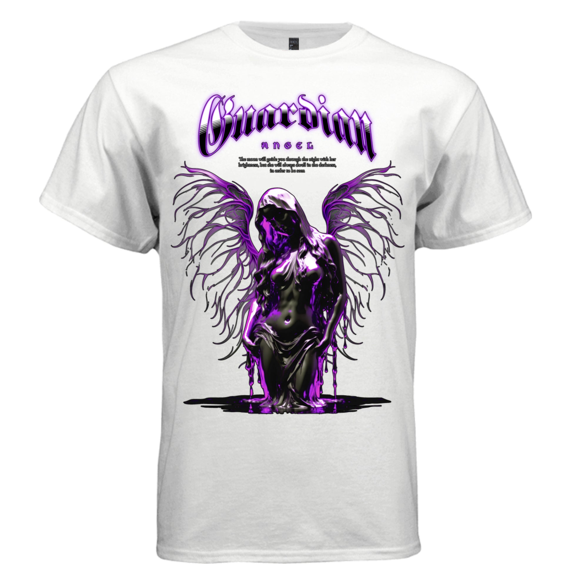 Guardian Angel gothic streetwear tee white front — faceless hooded angel with branch wings and glowing neon purple text on white oversized graphic t-shirt