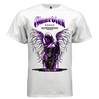 Guardian Angel gothic streetwear tee white front — faceless hooded angel with branch wings and glowing neon purple text on white oversized graphic t-shirt