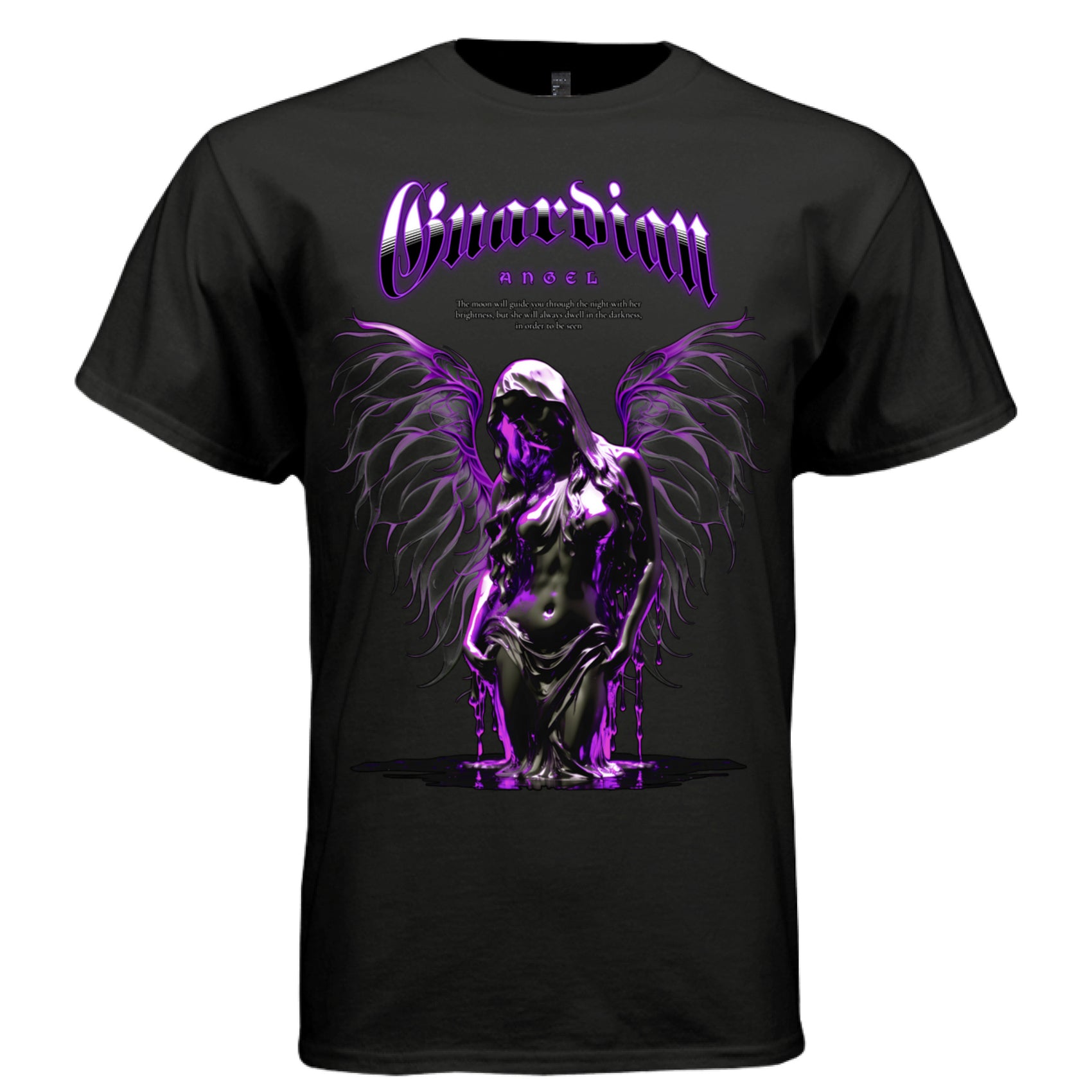 Guardian Angel gothic graphic tee black front — hooded dark angel thorny wings moon quote on black oversized streetwear t-shirt by Project Hood
