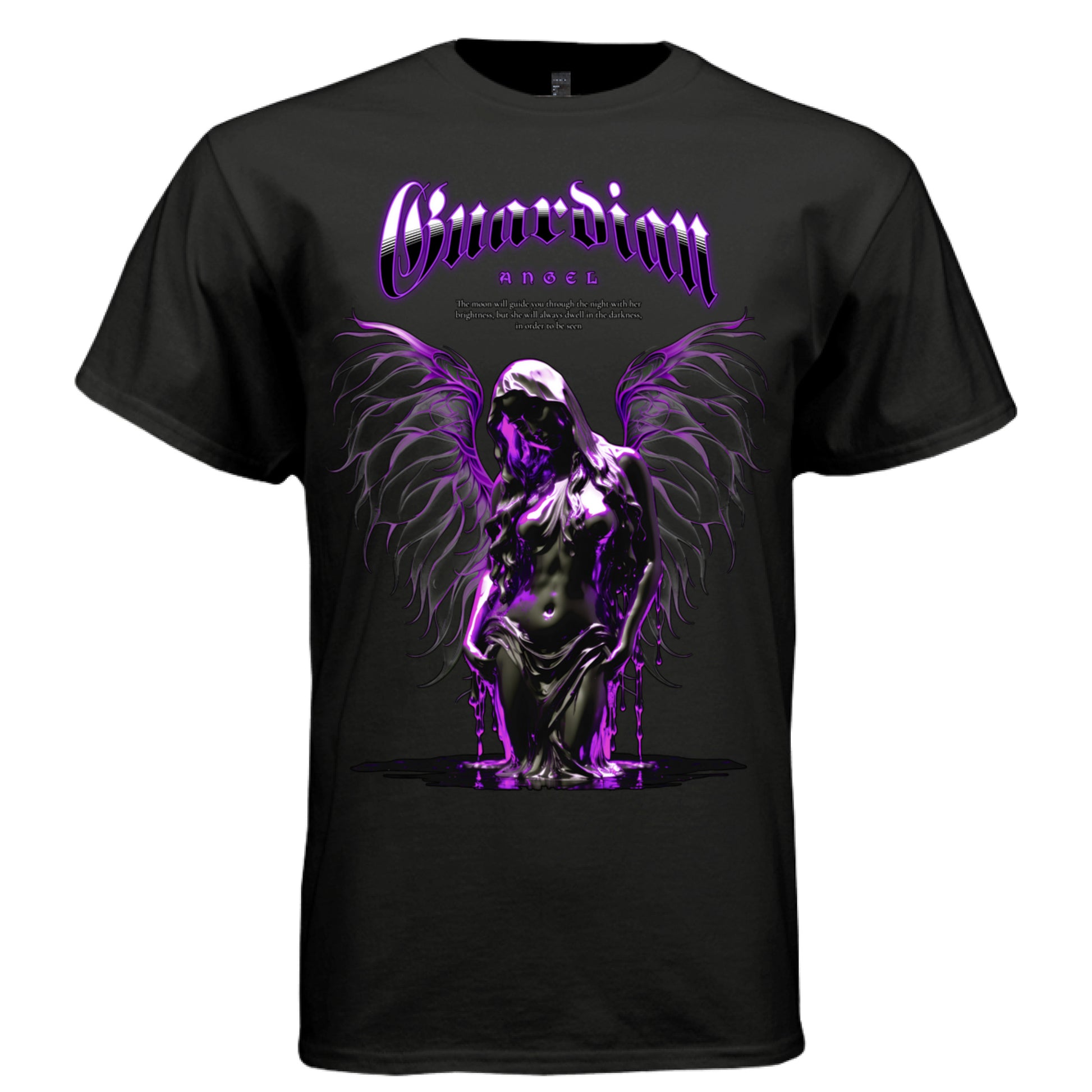 Guardian Angel gothic graphic tee black front — hooded dark angel thorny wings moon quote on black oversized streetwear t-shirt by Project Hood

