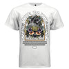 THE FAITH NEVER FAIL white front — marble angel statue botanical collage gothic arch oversized graphic tee with orange frame and resilience quote on white t-shirt
