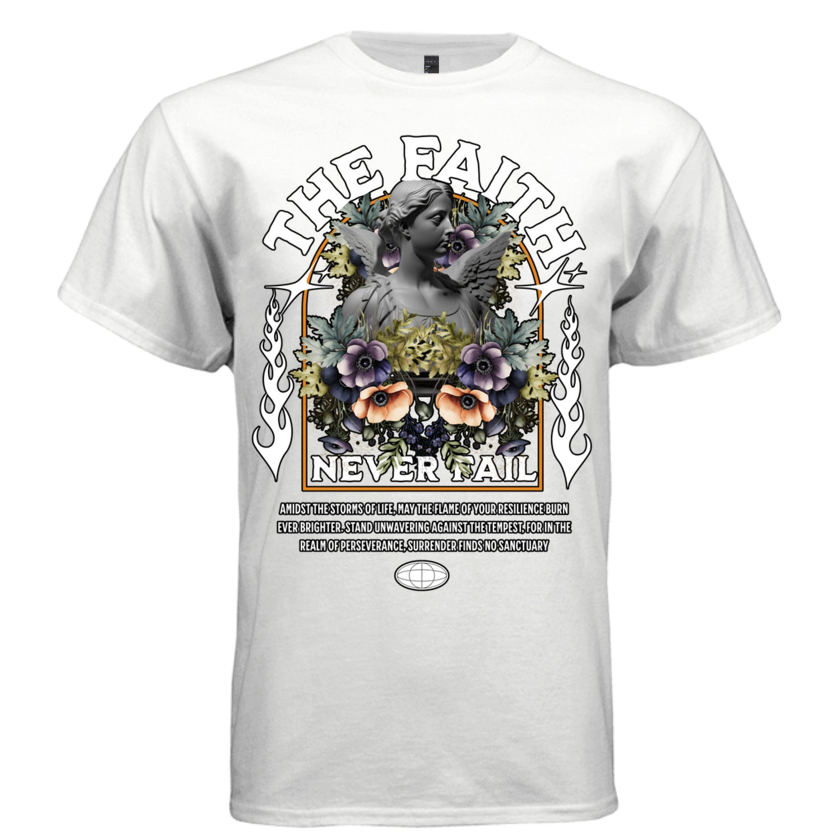 THE FAITH NEVER FAIL white front — marble angel statue botanical collage gothic arch oversized graphic tee with orange frame and resilience quote on white t-shirt