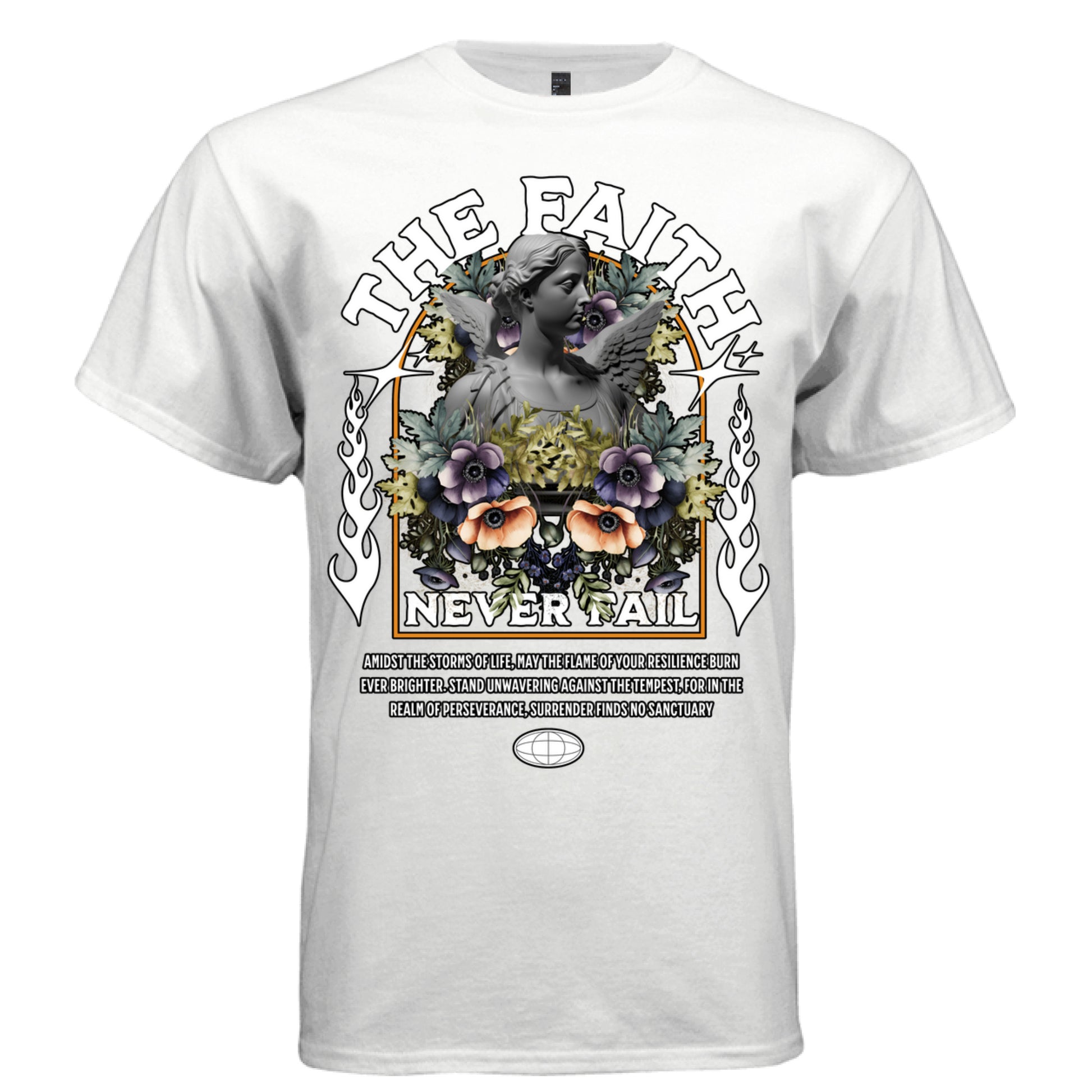 THE FAITH NEVER FAIL white front — marble angel statue botanical collage gothic arch oversized graphic tee with orange frame and resilience quote on white t-shirt