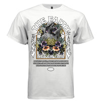 THE FAITH NEVER FAIL white front — marble angel statue botanical collage gothic arch oversized graphic tee with orange frame and resilience quote on white t-shirt