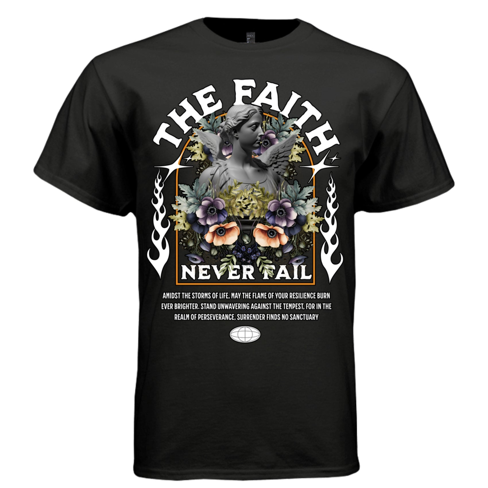 THE FAITH NEVER FAIL black front — classical angel statue baroque botanical graphic tee on black oversized streetwear t-shirt with gothic arch text by Project Hood