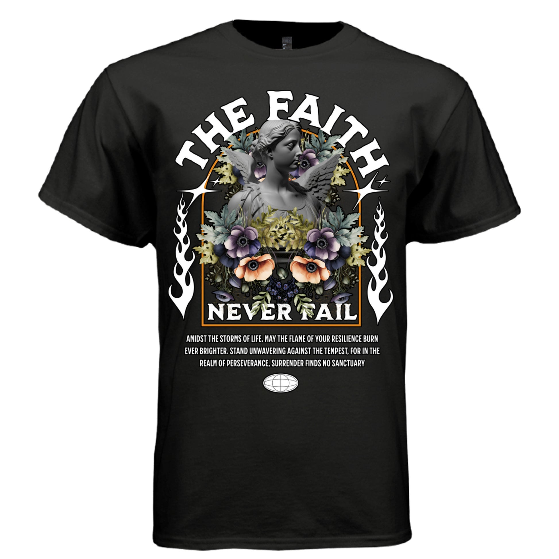 THE FAITH NEVER FAIL black front — classical angel statue baroque botanical graphic tee on black oversized streetwear t-shirt with gothic arch text by Project Hood
