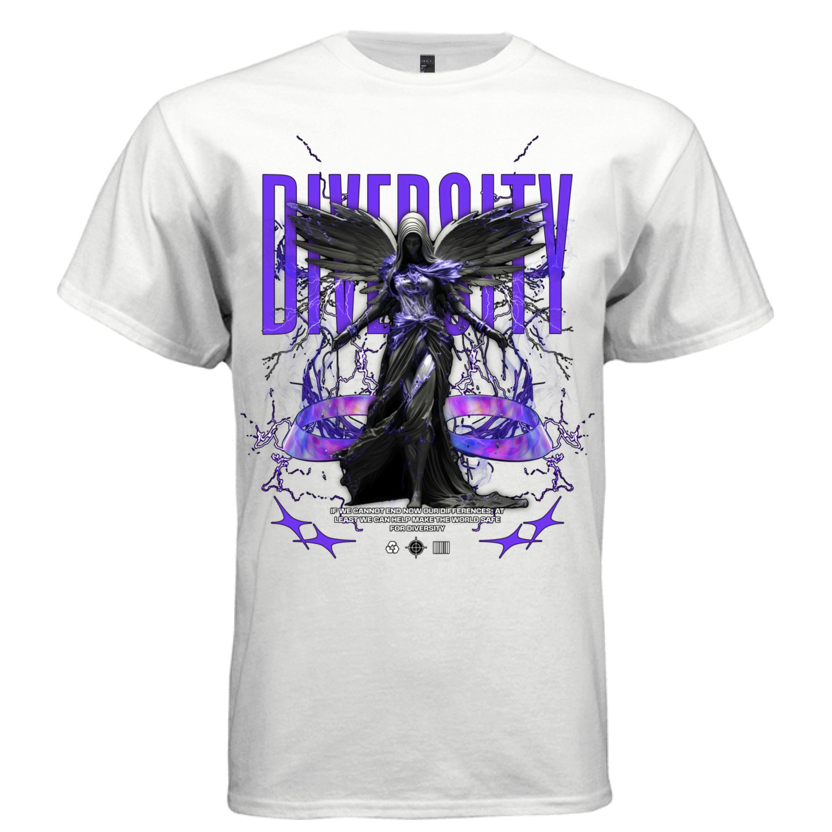 DIVERCITY white front — dark winged angel electric purple lightning and holographic ribbon oversized graphic tee with diversity quote on white t-shirt by Project Hood
