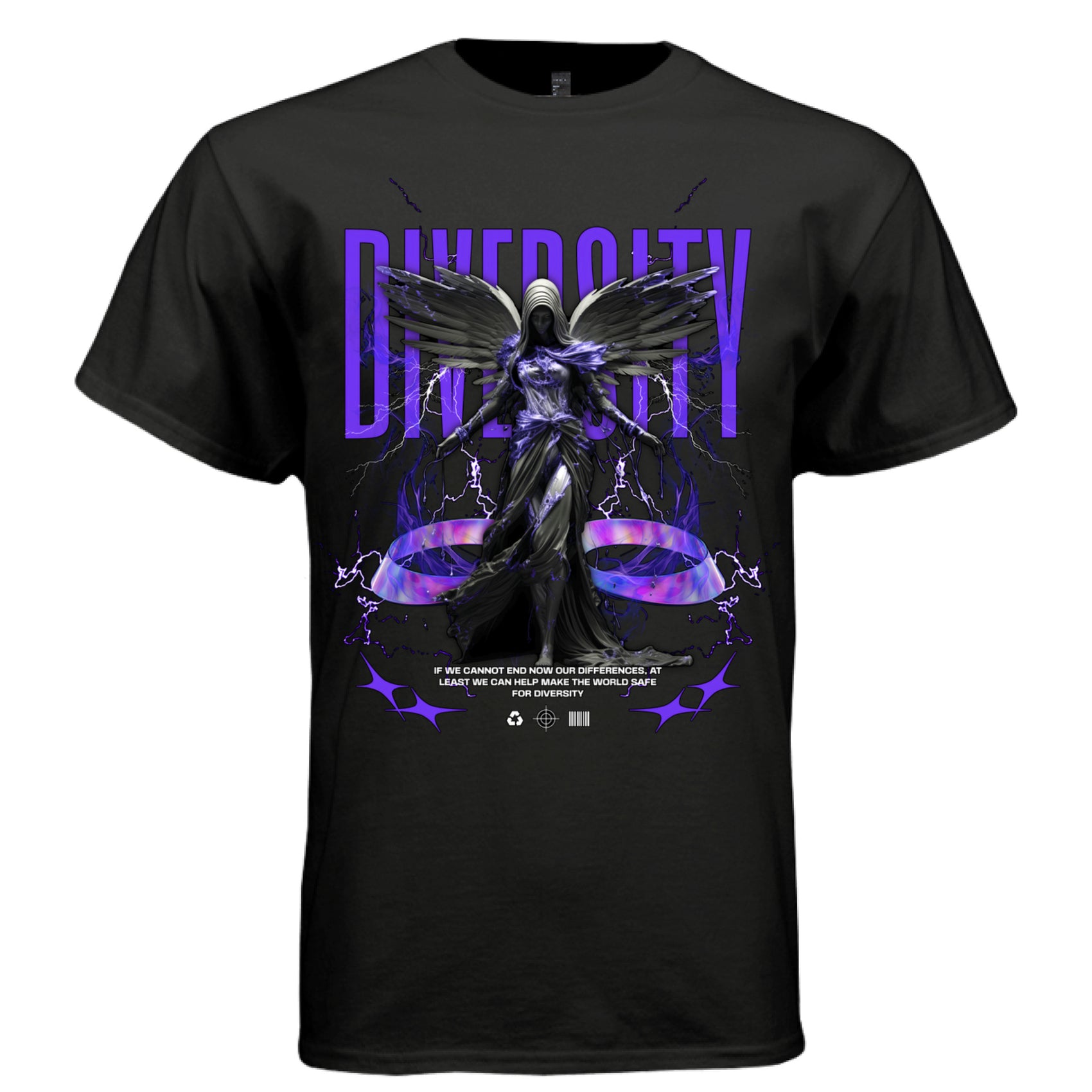 DIVERCITY black front — electric dark angel wings purple lightning holographic ribbon oversized graphic tee on black t-shirt, pro-diversity streetwear by Project Hood
